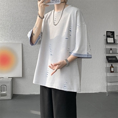 T10137-特批33控68开口笑高品质夏季大码短袖破洞潮流百搭T恤，男装T恤，电商A059