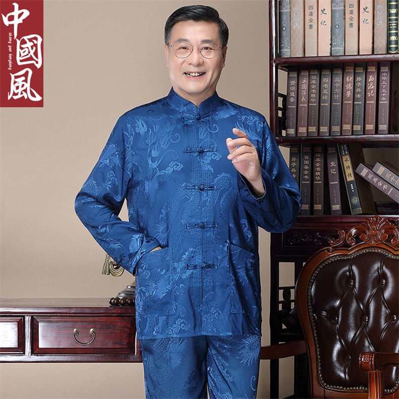 长年货风中老年唐装男士春夏长袖套装丝绸衬衫，男装中老年男装，钱塘723