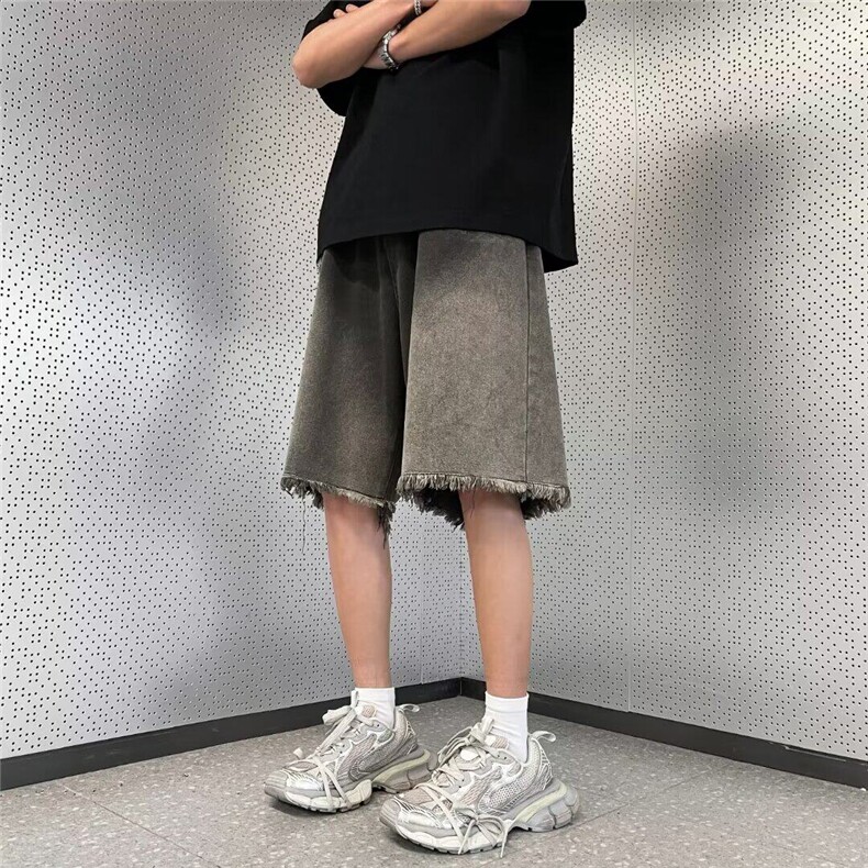 DS07-P45高街牛仔破洞短裤男夏季2025新款毛边设计感宽松五分裤,男装牛仔裤,星座603-2