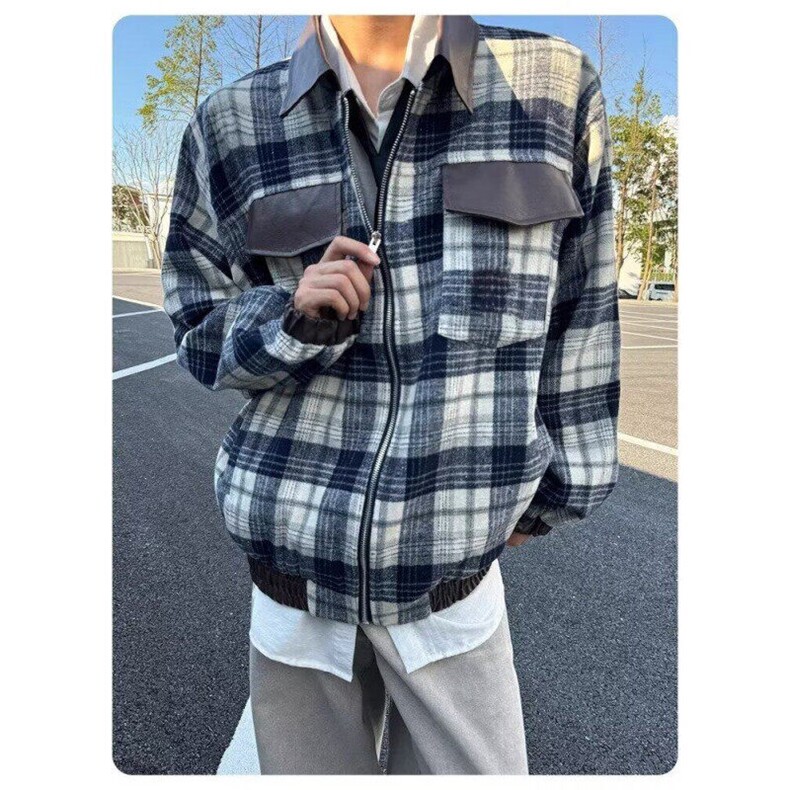 2024冬季新款棉衣男格子拼接刺绣男女同款保暖宽松棉服外套,男装夹克,星座506A
