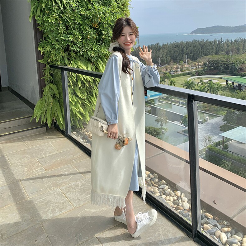 俏皮少女感套装女春季衬衫连衣裙彩色纽扣流苏针织背心裙子两件套,女装套装/套裙,2C218