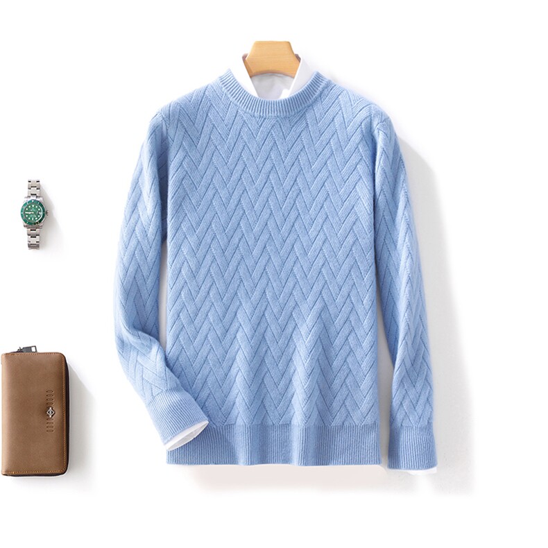 男秋冬羊毛加厚圆领毛衣经典百搭保暖针织衫舒适修身长袖上衣，男装羊毛衫，邓利维