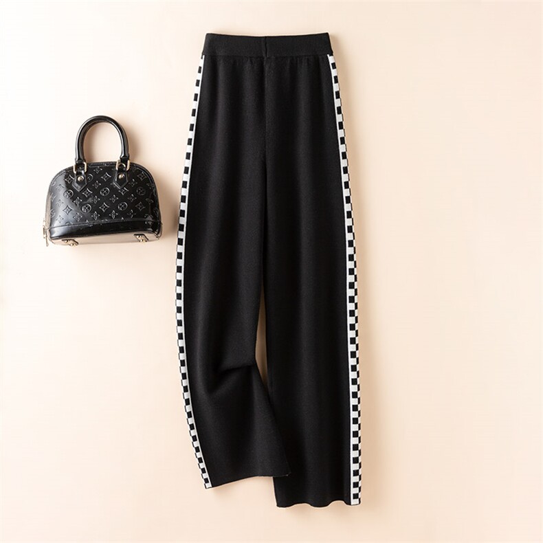 秋冬新款亲肤棋盘格中缝针织阔腿裤舒适百搭，女装休闲裤，欣美羊绒