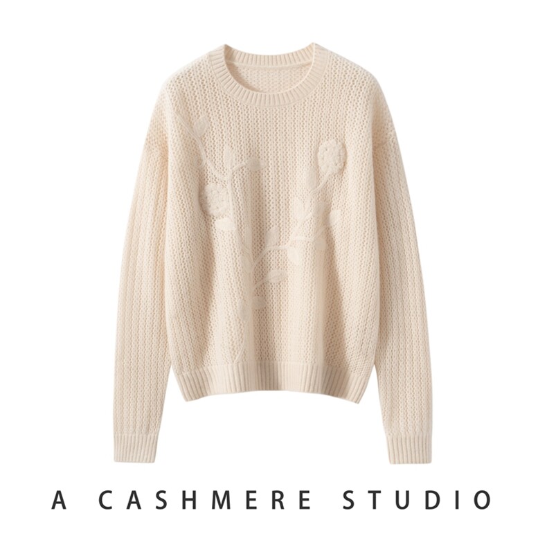 2025秋冬新款羊绒衫女100%纯山羊绒圆领加厚上衣镂空绣花针织套衫，女装羊绒衫，戎美山