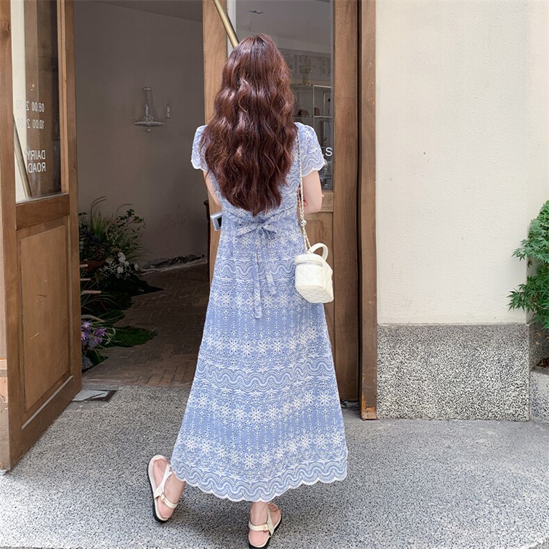 绝美巨好看蓝色V领温柔风度假连衣裙女夏2025新款韩系显瘦茶歇裙,女装连衣裙,2C009