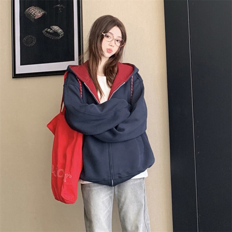 抖音得物二开美式高街重磅结构双层撞色连帽卫衣开衫外套W116，男装卫衣，电商A486