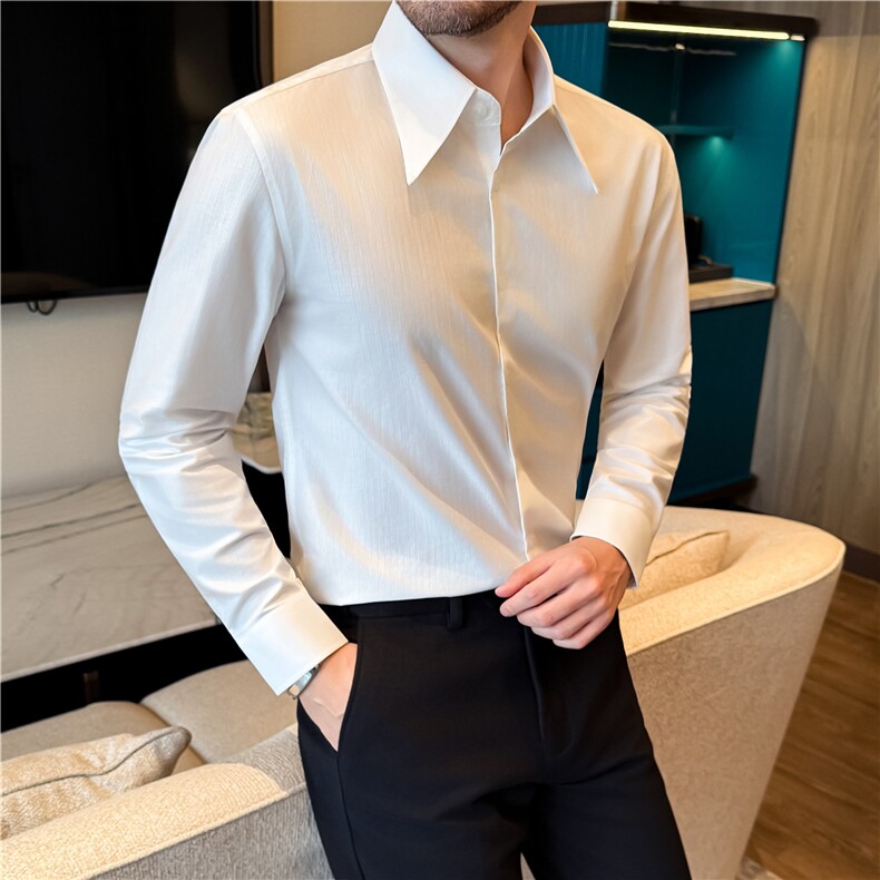 2026春装高档莱赛尔棉长袖衬衫条纹亮面提花大尖领衬衣C9930-P88，男装衬衫，电商A213