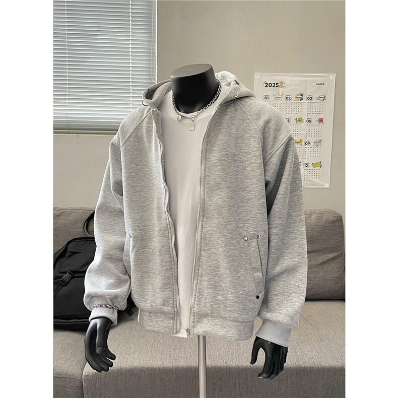 春装新款潮铆钉装饰连帽开衫卫衣外套WT17-P58浅灰色,男装卫衣,电商C310