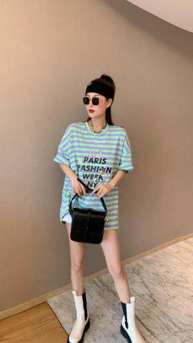 夏季新款条纹抽绳T，女装，萱伊惠紫