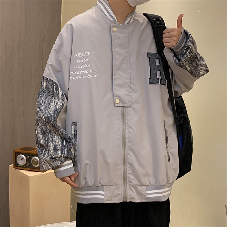 夹克男春秋季宽松扎染拼接潮上衣休闲字母棒球服外套W1939-P48,男装夹克,星座512-4