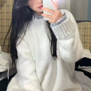 慵懒风白色针织毛衣男女情侣秋冬宽松内搭高级感超好看春秋上衣图片