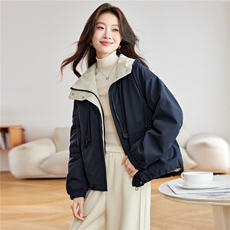 2025冬装新款简约时尚休闲连帽加绒外套，女装短外套，依倍林