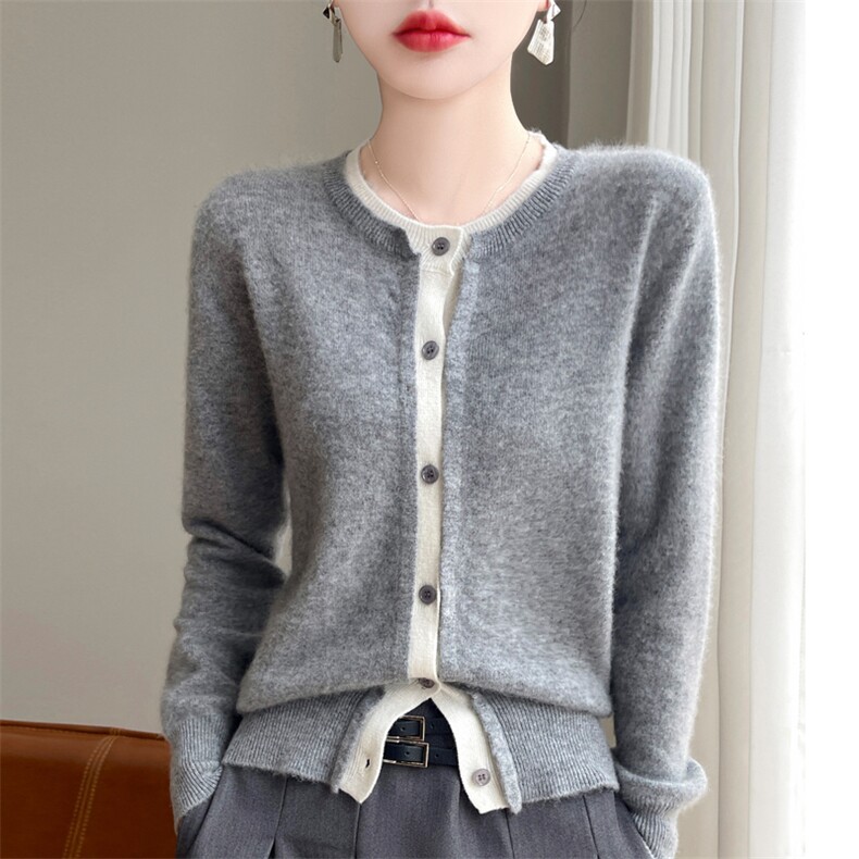 羊毛衫女圆领拼色针织开衫春装新款宽松毛衣外套，女装羊毛衫，九嘉羊绒