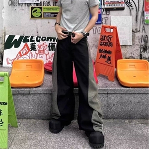 美式设计款拼接拼色弯刀阔腿直筒休闲裤男宽松西裤长裤QL6066-P58图片