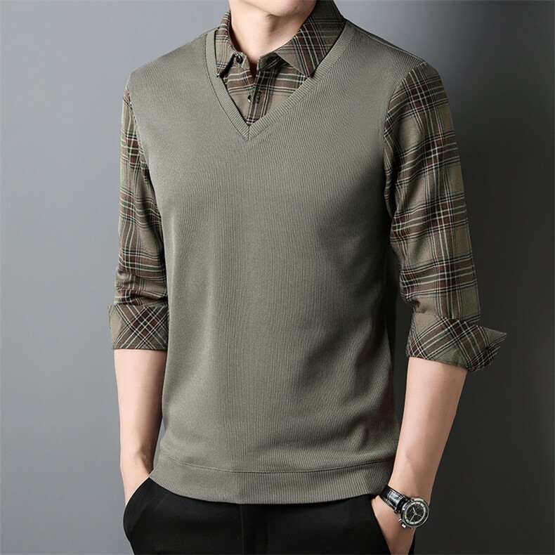 男士假两件t恤毛衣针织衫套衬衫领子时尚中年爸爸装保暖新款条纹，男装衬衫，电商B212（原钱塘6029）