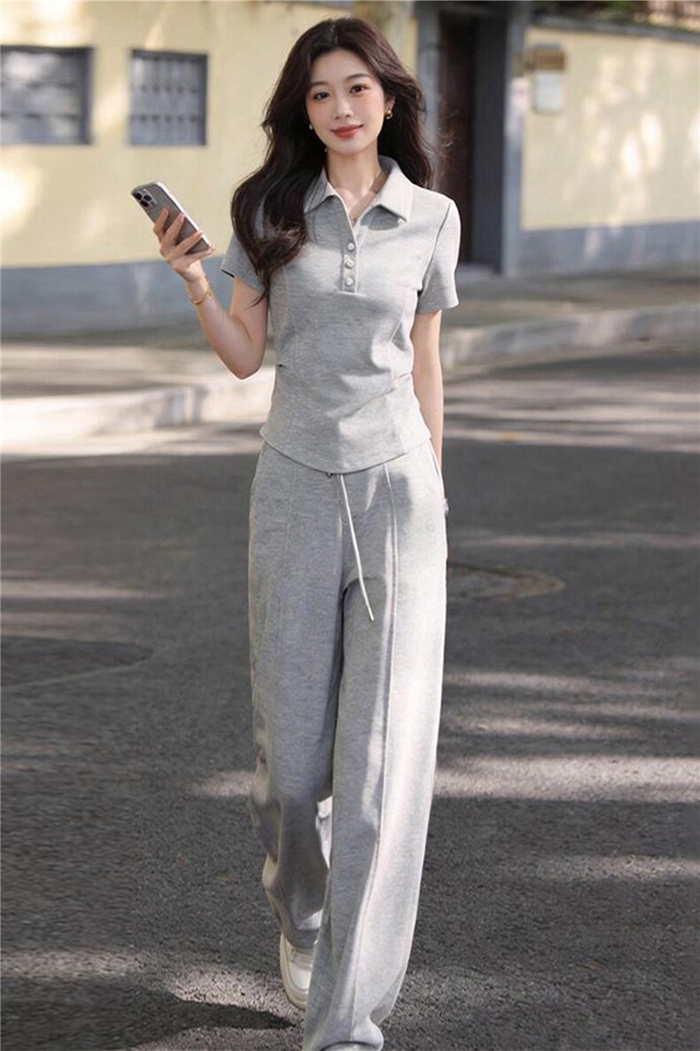 女夏季新款时尚休闲套装修身显瘦翻领纽扣短袖上衣阔腿长裤两件套,女装套装/套裙,江南