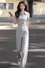 女夏季新款时尚休闲套装修身显瘦翻领纽扣短袖上衣阔腿长裤两件套，女装套装/套裙，江南