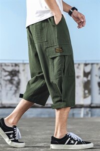 2021夏季新款日系大码亚麻休闲裤魔术贴中裤男七分裤K373-P35图片