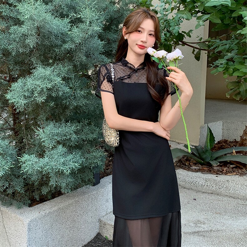 蕾丝拼接网纱连衣裙女夏季新款气质女人味中长款裙子中国2025,女装连衣裙,玖莱伊