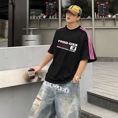 抖音得物品质二开240克宽松纯棉美式潮牌印花三条杠中性风短袖T恤，男装T恤，电商A486-1