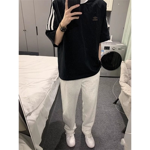 夏季美式高街重磅纯棉三条杠织带撞色男女短袖T恤ZD641-特P30图片