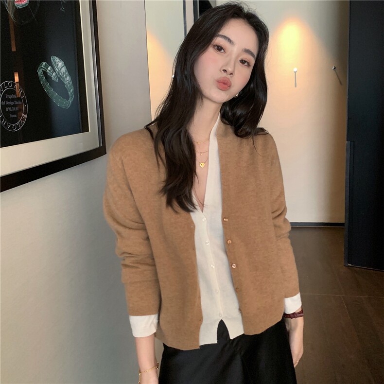 2025秋冬百搭时尚假两件开衫拼色舒适,女装羊绒衫,玛卡隆羊绒