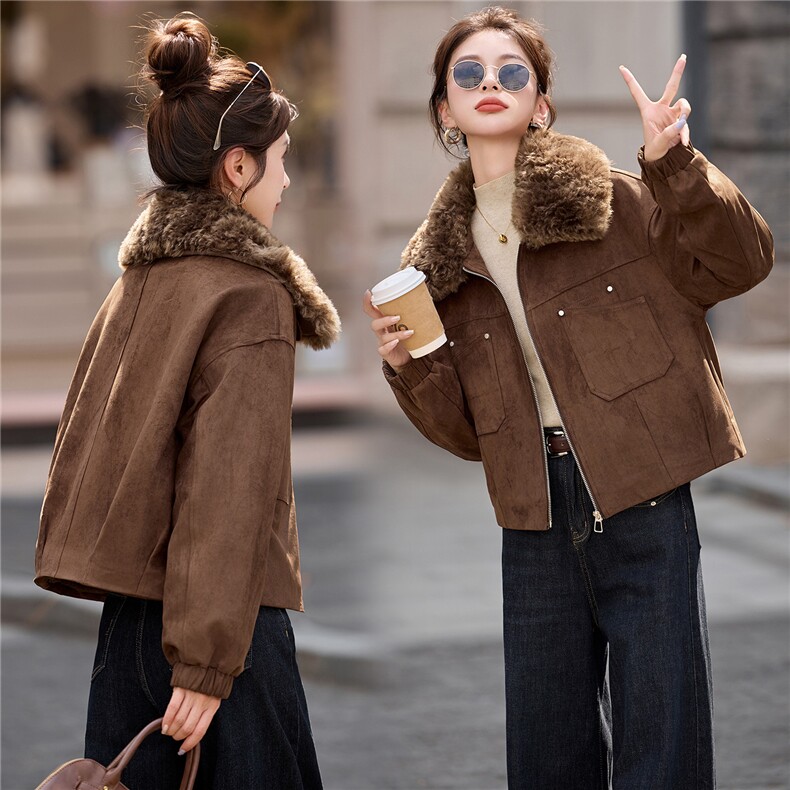 复古咖色麂皮绒加绒外套女2025秋冬小个子超好看加厚保暖棉服上衣,女装短外套,英标秀（1C119）