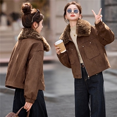 复古咖色麂皮绒加绒外套女2025秋冬小个子超好看加厚保暖棉服上衣，女装短外套，英标秀（1C119）