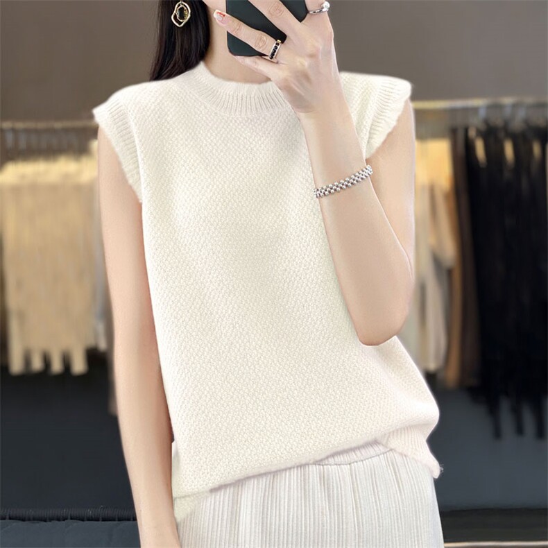 圆领100%纯羊毛衫吊带女流苏边亮丝针织羊绒衫背心宽松无袖打底衫，女装背心吊带，臻维羊绒