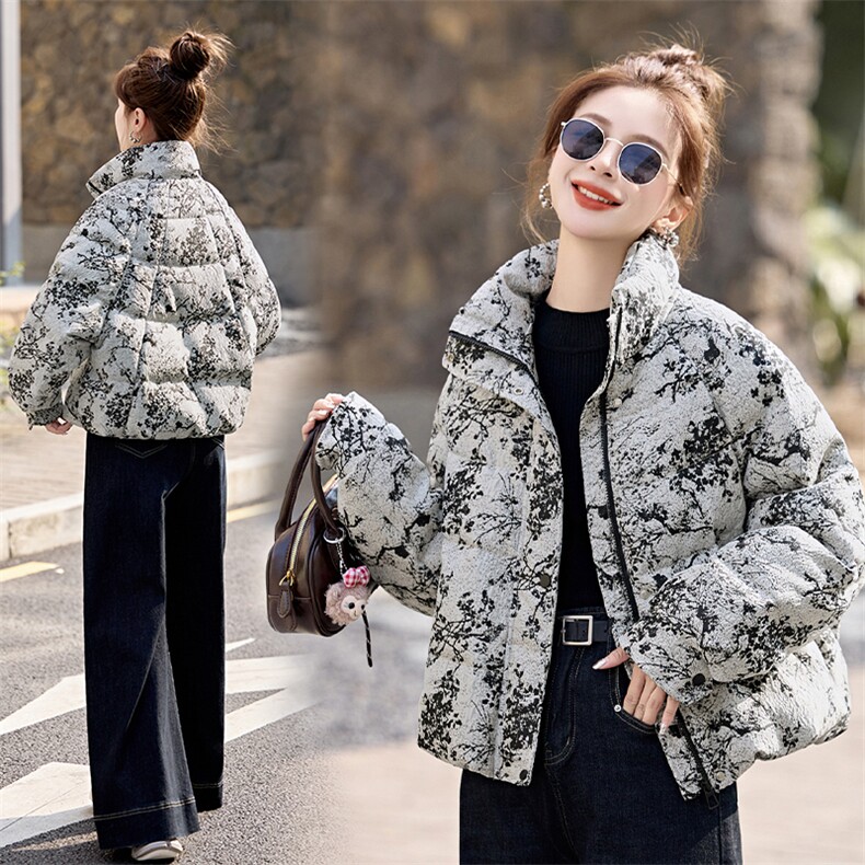 短款羽绒服女2025冬季新款小个子超好看新中式复古印花立领面包服,女装羽绒服,半夏