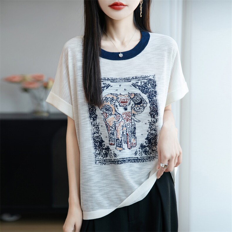 夏季新款竹节麻拼色圆领大象印染短袖百搭显瘦上衣时尚休闲T恤,女装T恤,贵皇网供仓
