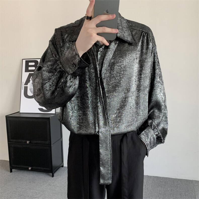 春装小众高级感明星同款宽松贵气闪银衬衫男大码休闲领带气质衬衣图片