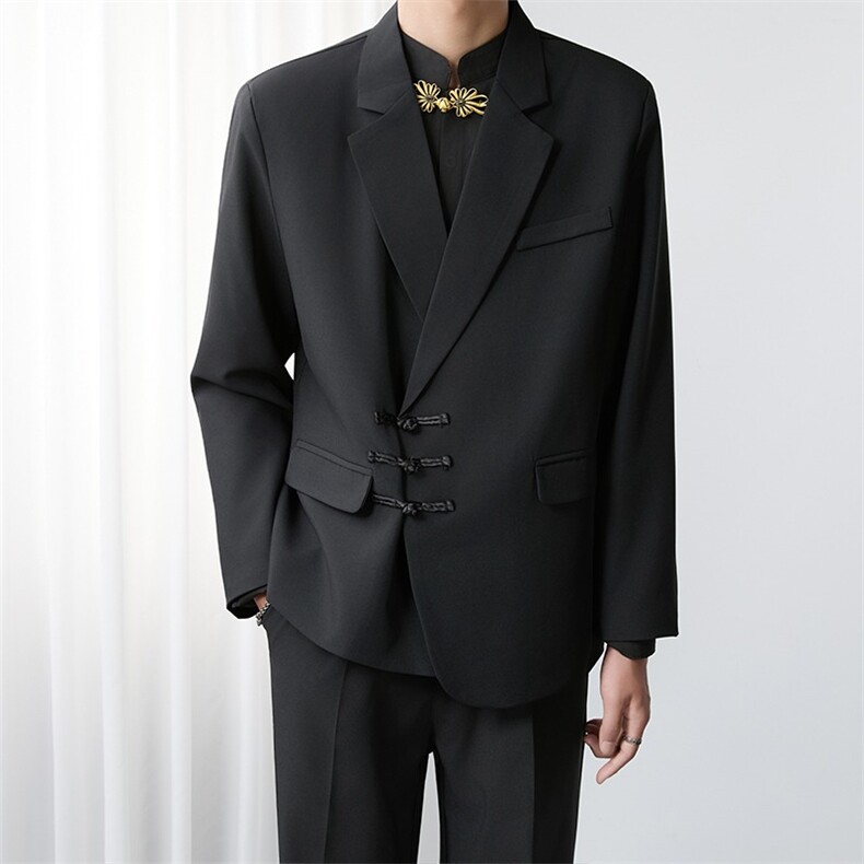 新中式黑色盘扣西装外套风中山装订婚新郎结婚礼服休闲西服W33，男装西服套装，星座516A
