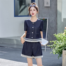2025韩版夏季薄时尚显瘦蕾丝拼接牛仔短袖短裤套装，女装套装/套裙，贵人树