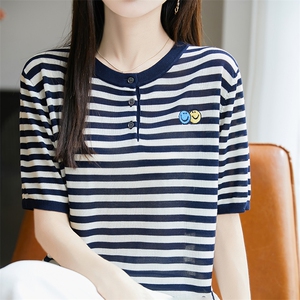 2025夏季薄款短袖T恤女设计感条纹休闲拼色正肩半袖t恤减龄上衣新图片