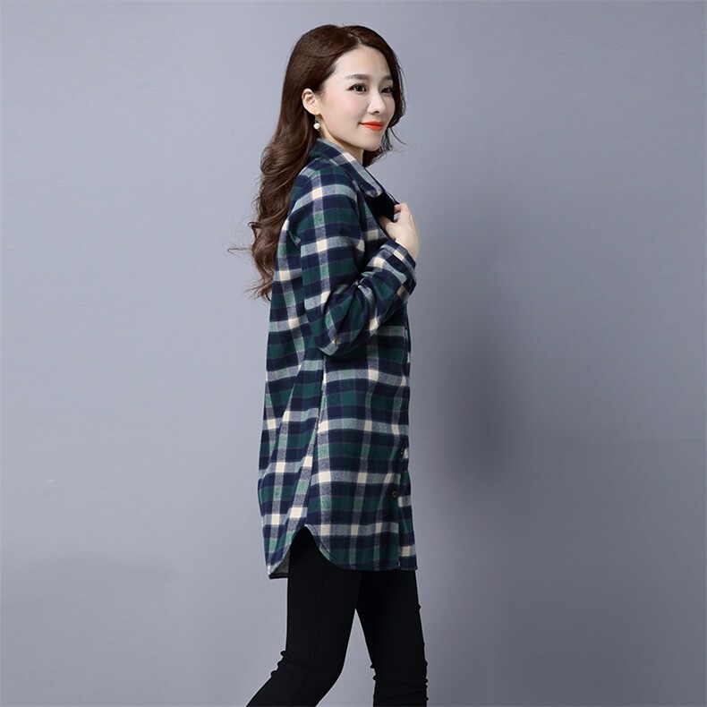 长袖中长款修身格子方领排多扣显瘦2020年冬季衬衫,女装衬衫,独衣靓