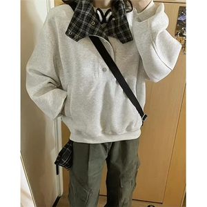 格纹拼接翻领卫衣男春季复古外套立领纽扣重磅长袖上衣 W408图片