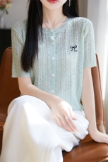 25夏季圆领竹节麻针织短袖开衫女薄款蝴蝶结刺绣上衣宽松半袖T恤，女装T恤，绒汀羊绒