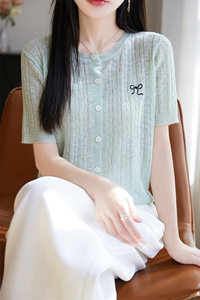25夏季圆领竹节麻针织短袖开衫女薄款蝴蝶结刺绣上衣宽松半袖T恤图片