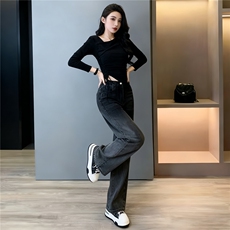 韩版时尚休闲套装女春新款斜肩不规则设计长袖上衣牛仔长裤两件套，女装套装/套裙，江南