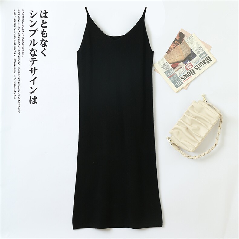 时尚百搭羊毛V领吊带长裙显瘦修身打底连衣裙，女装连衣裙，洁纯羊绒