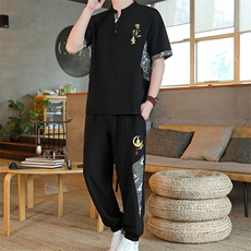 风男装夏季冰丝弹力短袖开衫套装男汉服套装，男装休闲套装，星座1206（原A206）