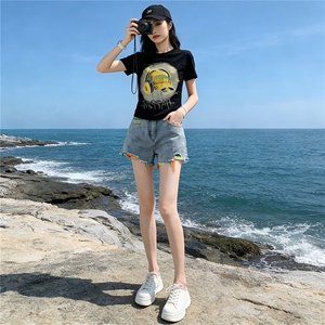 女夏季新款韩版运动休闲套装卡通印花圆领短袖宽松牛仔短裤两件套图片