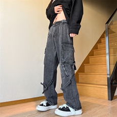 美式高街阔腿重工艺水洗直筒工装牛仔裤221-1-K717-P65，男装牛仔裤，星座221-1