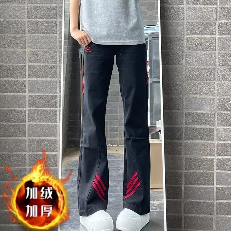 斜杠三条纹红黑撞色拼接休闲长裤加绒加厚直筒牛仔裤K8003P48网图图片