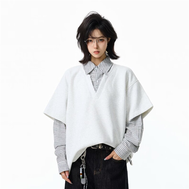 W130-P51复古学院风假两件衬衫男女秋冬潮牌宽松情侣长袖卫衣，男装衬衫，电商B323A