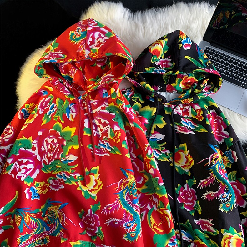 W204秋新款男女团队服大花连帽卫衣外套潮民族特色花卫衣情侣装，男装民族服装，星座115A-1