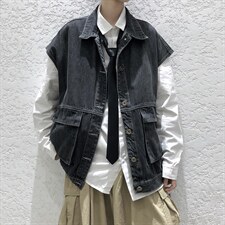 工装马甲牛仔外套港风宽松无袖坎肩背心秋季外套男 A071-301-P55图片