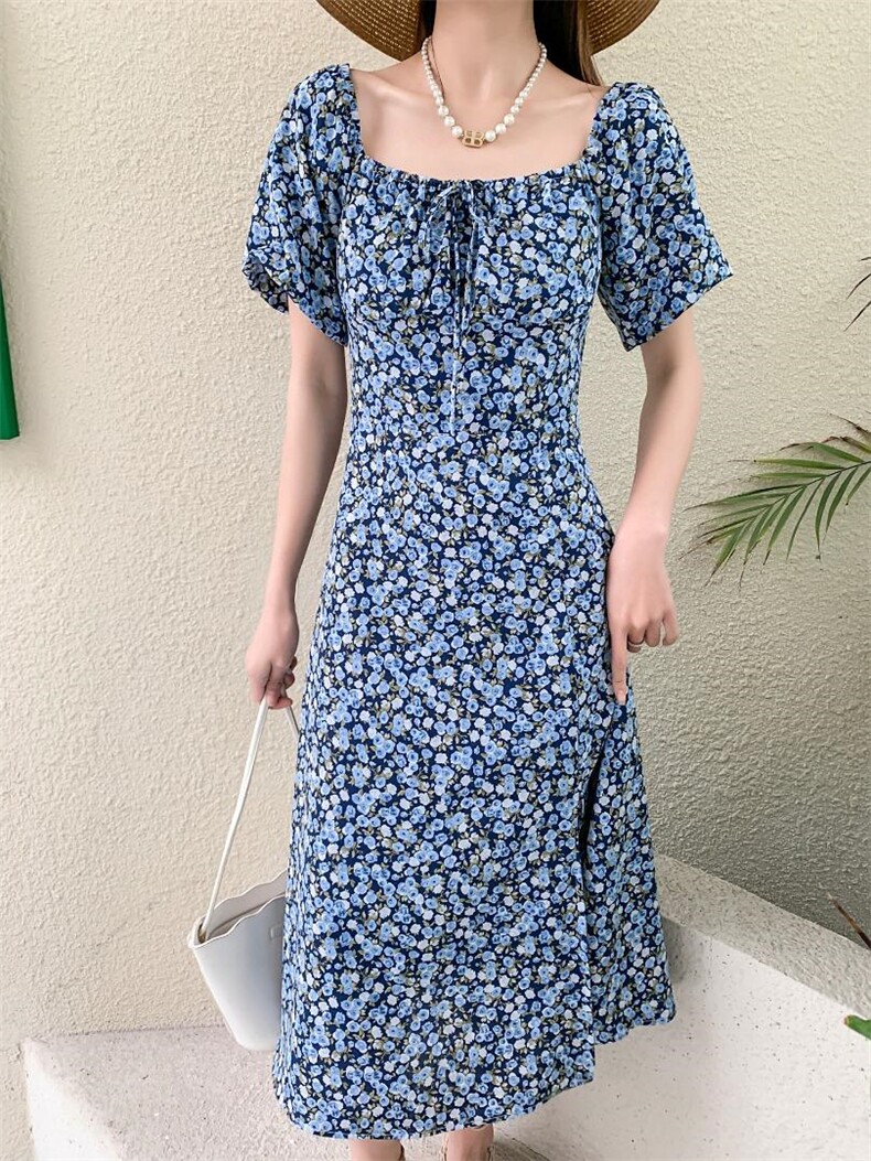 现货蓝色妖姬开叉法式连衣裙，女装连衣裙，TOP.1