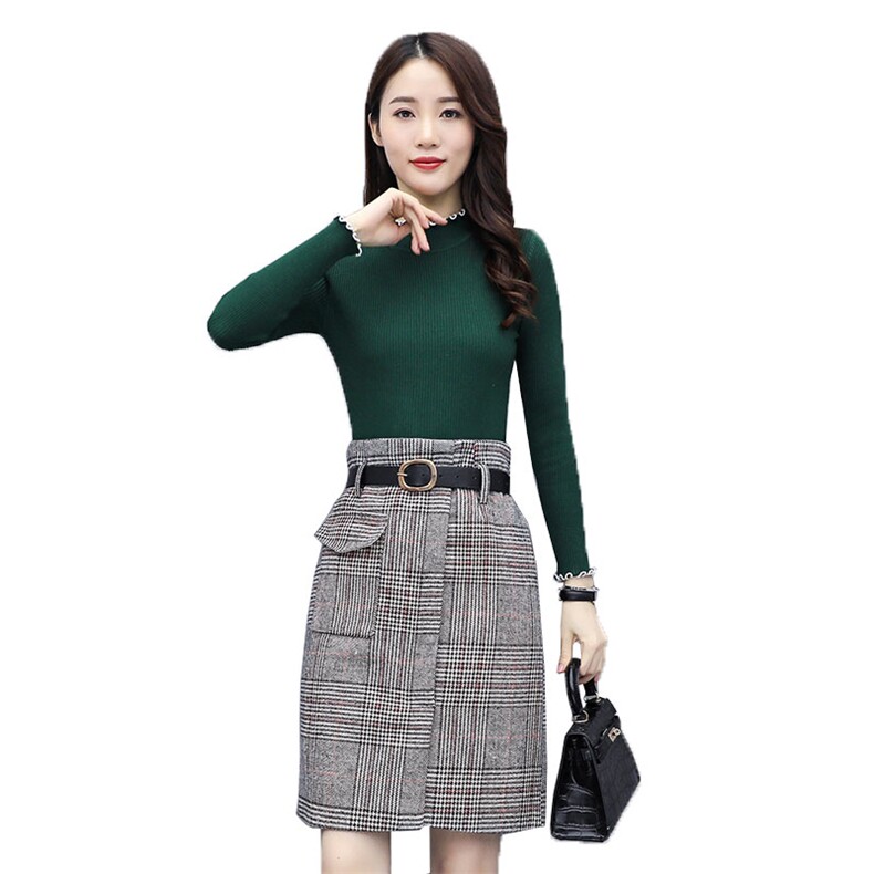 2021新款秋冬季套装/套裙时尚针织打底衫格子毛呢半身裙两件套,女装套装/套裙,瑶迪依秀